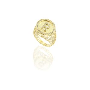 Anel Personalizado Letra R com Zircônia em Ouro 18K